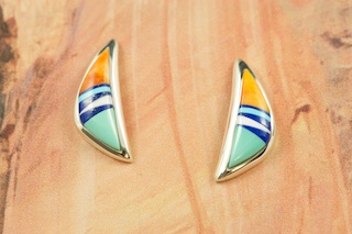 Genuine Turquoise, Spiny Oyster Shell and Blue Lapis inlaid in Sterling Silver. Beautiful Post Earrings Designed by Navajo Artist Calvin Begay. Signed. 